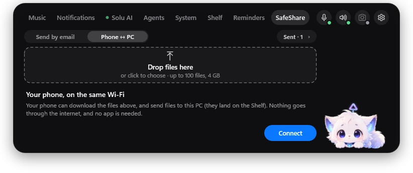 The SafeShare tab on Phone mode, ready to connect a phone on the same Wi-Fi